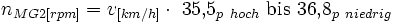 n_{MG2[rpm]} = v_{[km/h]} \cdot ~35{,}5_{p\ hoch}\ \mathrm{bis}\ 36{,}8_{p\ niedrig} 